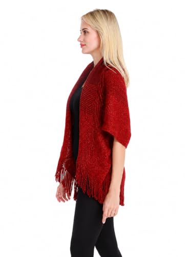 Image of Bold N Elegant Winter Woolen Shawl Collar Warm Open Front Poncho Cardigan Standard Length Shrug Style Wrap with Tassel Fringe Hem and Sleeves for Women