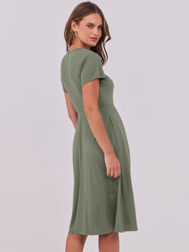 Image of ANRABESS Women Summer Dress Casual Short Sleeve V Neck A-Line Knee Length Pleated Flowy 2026 Fashion Midi Dresses with Pocket