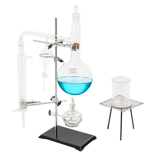 YIYIONCE Essential Oil Distillation Kit 1000ml Lab Distillation Kit Professional Distillation Apparatus Glass Essential Oil Extractor with Alcohol Lamp Safety Steam Water Distiller for Lab| US Stock