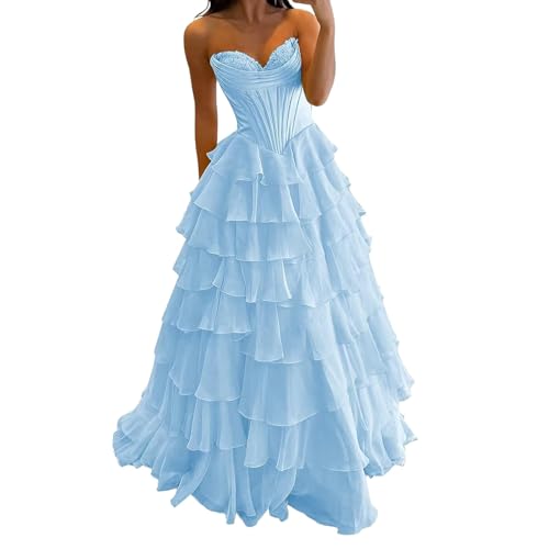 Korsett Kleid Damen Abendkleider Elegant Für Hochzeit Abschlusskleid Trägerloses Ballkleider Lang Brautjungfernkleider Mit Kuchen-Layers A-Linie...