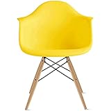 2xhome Mid Century Modern Bucket Dining Arm Chair with Natural Wood Legs, Yellow