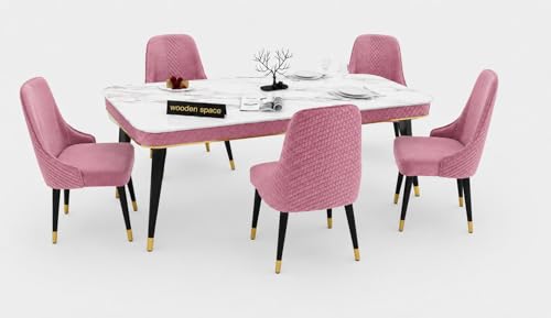 Image of WOODEN SPACE 6-Seater Wooden Dining Table Set | Nano Composite Marble Top | Solid Wood Base | Modern Dining Room Furniture with 6 Chairs (Pink Modern Vento)