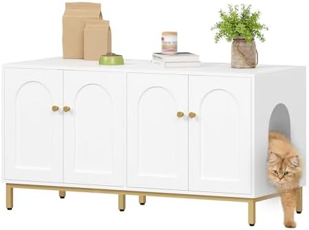 Hzuaneri Caja de Arena para 2 Gatos, 119cm Mueble para Caja de Arena Oculta, Casa de Madera para Mascotas, Mueble de Almacenaje, Se Adapta a la Mayoría de Arenero Gato, Blanco-Oro CB82313A