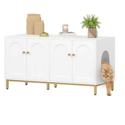Hzuaneri Katzenschrank für 2 Katzen, 119cm Versteckte Katzentoilettenmöbel, Hölzernes Haustierhaus, Aufbewahrungsschrankbank, Passend für die Meisten Katzentoilettenkä, Weiß und Gold CB82313A Hzuaneri Katzenschrank für 2 Katzen, 119cm Versteckte Katzentoilettenmöbel, Hölzernes Haustierhaus, Aufbewahrungsschrankbank, Passend für die Meisten Katzentoilettenkä, Weiß und Gold CB82313A