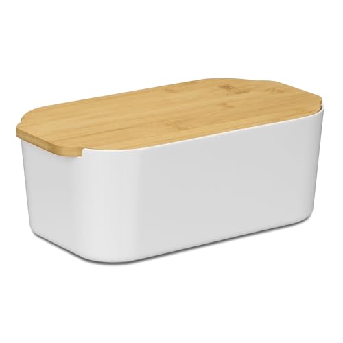 TIENDA EURASIA – Panera Tapa Bambú | Material Plástico (PP) + Bambú | Color Blanco y Marrón | Medidas 33x18.5x12 cm | Paneras para guardar el Pan | Capacidad 4.5L