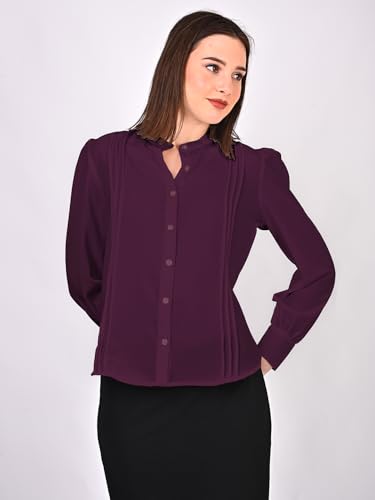 Image of Women's Regular Fit Solid Pleated Cotton Blend Shirts