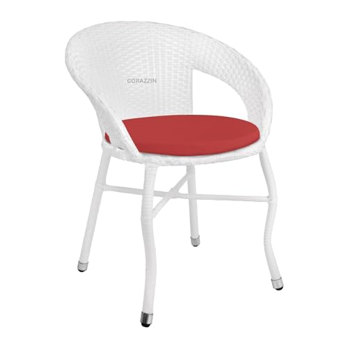 Image of Rattan Wicker Garden Patio Seating Chair and Table Set for Outdoor Balcony Garden Coffee Table Set Furniture with 1 Table and 2 Chair with Red Cushion (White)