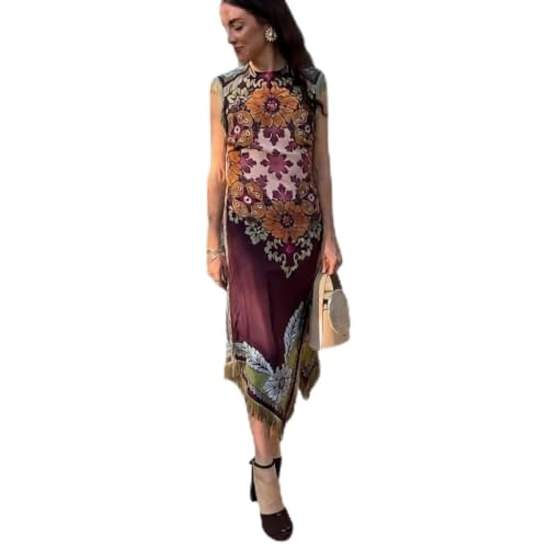 Women Boho Fringe Floral Maxi Dress, Sleeveless Wrap‑Front Slit Asymmetrical Handkerchief Hem Vintage Western Dress (US, Alpha, Large, Regular, Regular) Multi