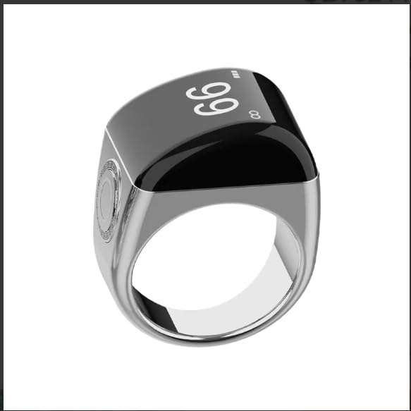 Equantu QB702 iQibla Smart Ring Electronic Counter Ring Smart Tasbih Zikr Ring OLED Display Smart Tasbeeh Metal Zikr Ring App Control Waterproof Zikr Ring 5 Time Prayer Reminder Ring (Silver, 22mm)
