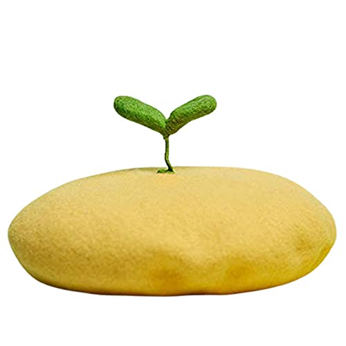 Hipi-shop Grow Green Sprouts Wool Textile Painter hat Cute Berets Hat All-Match Autumn and Winter Women Cap Bud hat Creative Gift Yellow, 4-5