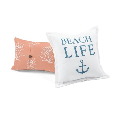 Image of Lush Decor Coastal Reef Feather Reversible Quilt Set, 7 Piece Set Full / Queen Blue & Coral - Queen Bedding Set Quilted - Coastal Decor - Beach House - Beachy Room