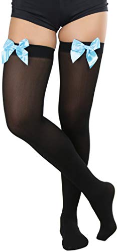 Image of ToBeInStyle Women's Opaque Long Thigh High Stockings w /Decorative Front Satin Bow