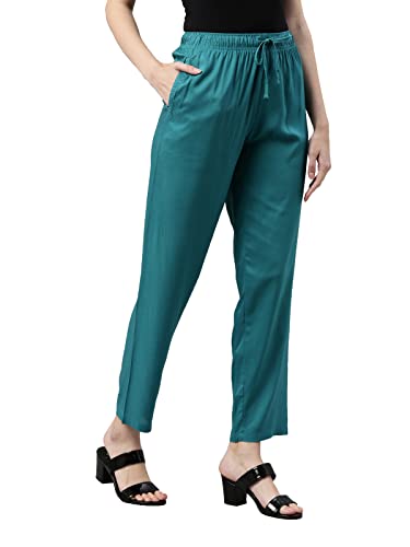 Image of GO COLORS Women Solid Mid Rise Relaxed Fit Viscose Casual Pants