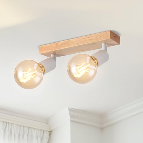 LVWIT Plafonnier 2 Spots LED E27, Luminaires Intérieur Blanc, Plafonnier Bois avec Base Rectangulaire, Applique Murale Chambre, Lustre Cuisine(Sans Ampoules)