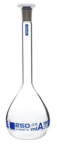 EISCO Volumetric Flask, 250mL - ASTM, Class A - Tolerance ±0.120mL - Interchangeable, Size 16 Polypropylene Stopper - Single, White Graduation - Borosilicate Glass