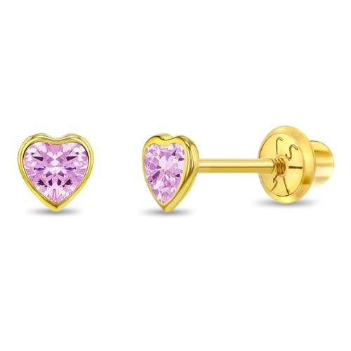 14k Yellow Gold 4mm Bezel Set Heart Cubic Zirconia Screw Back Earrings for Baby Girls, Toddlers and Young Girls - Cute Heart Earring Studs for Children with Locking Screw Backs for Kids