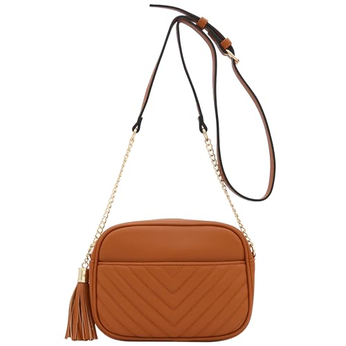 Image of FashionPuzzle Chevron Quilted Crossbody Camera Bag with Chain Strap and Tassel