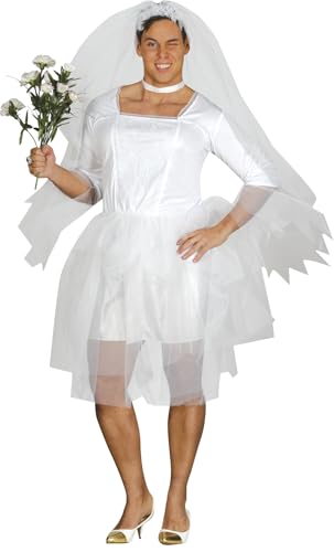 FIESTAS GUIRCA | Disfraz de Novia para Hombre Adulto (48-50/M) - Vestido y Velo - Ideal para Despedida de Soltero, Bachelor Party y Fiestas de Disfraces - Divertido y Original - Blanco