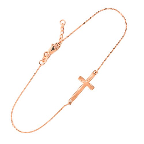 14k Rose Gold Cute Pink Sideways Cross Bracelet (7.50 to 8.00 inches)