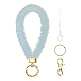 Hongeely Plush Keychain Wristlet for Women, Cute fuzzy Wrist Lanyard Key Chain for Car Keys (Light blue)