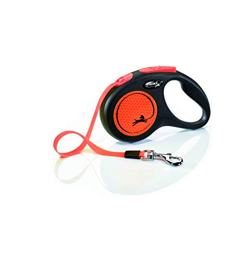 Image of FLEXI New Neon Tape Retractable Dog Leash for Small Dogs Upto 15kgs. - 16 ft., Orange | Tangle Free Pet Walking Leash with One-Handed Brake, Pause, Lock | German Quality Product