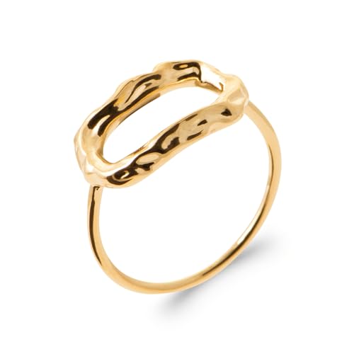 Bague anneau ajouré et cabochon martelé ovale en plaqué or véritable pour femme