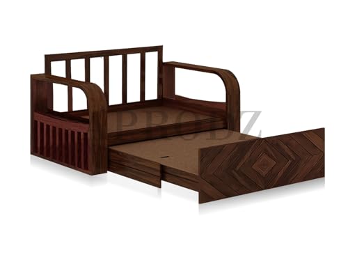Image of APRODZ Solid Wood Sofa Cum Bed 2 Seater with Side Storage Velevt Fabric with Two Cushions Perfect Sofa Furniture for Home Living Office Room and Guests (Walnut Finish 75x51x30-Inch)