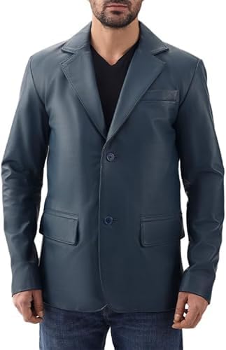 chava Men's Blue Genuine Leather Blazer, Two-Button Notch Lapel, Regular Fit, Smart Casual Style-picture-47