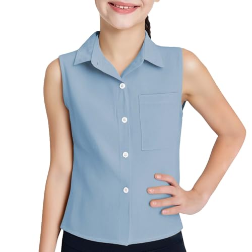 Kids Girls Cotton Linen Shirt Button Down Sleeveless Slim Solid Tank Top with Pocket Summer Casual Clothes