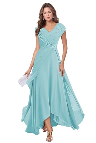 Mother of The Bride Dresses for Women Cap Sleeve Chiffon Evening Gowns Lace Applique V Neck Formal Dress for Wedding