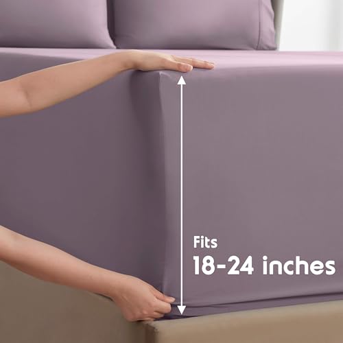 Image of Nestl Extra Deep Cal King Sheet Set - 6 Piece Breathable & Cooling Sheets - Hotel Luxury Bedding Set w /18-24 Inch Deep Pockets - Easy & Secure Fit - Super Soft, Wrinkle Free & Comfy - Dusty Purple