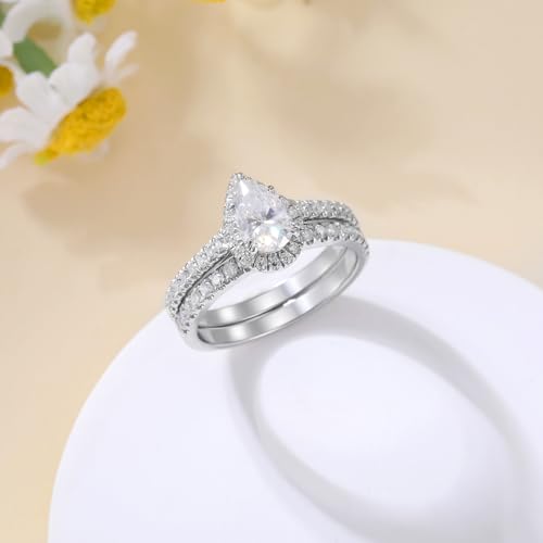 Halo Wedding Engagement Ring Sets for Women, 1.5 Carat (ctw) Pear-Cut Moissanite Bridal Sets Wedding Ring Sets, Halo Moissanite Wedding Band Set Engagement Anniversary Ring, Customizable 925 Sterling Silver/10K Gold/14K Gold/18K Gold4