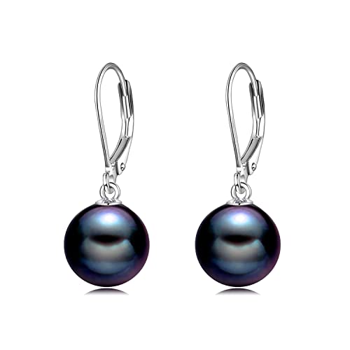 925 Sterling Silver Black Pearl Leverback Earrings Dangle Drop Jewelry