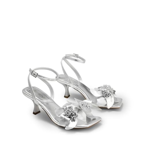 DREAM PAIRS Women's Flower Wedding Heels Cute Square Toe Slingback Low Kitten Heels Sandals with Ankle Strap,Size 6,Silver-Pu,SDHS2436W