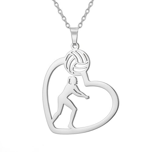 TEAMER Collar Corazón Jugador de Voleibol Delicado Colgante de Voleibol Moda Joyería de Pelota Deportiva Para Equipo Atleta Entrenador Amantes del Voleibol (Jugador de Voleibol de bache- Plata)