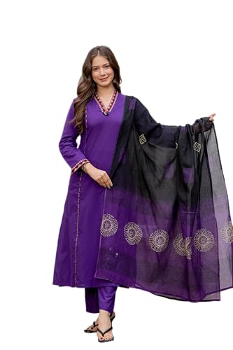 Image of MEERA FAB Women Floral Printed Pure Cotton Straight V-Neck Kurta with Palazzos & Dupatta