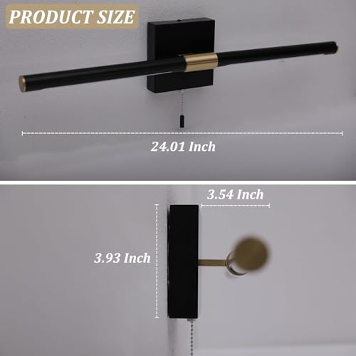 Image of 24 Inch Black and Gold Bathroom Vanity Light with Pull Chain Switch, Modern Over Mirror Wall Sconces Lighting, 6000K 360 Bath Light Fixture with Adjustable Lamp Tubes