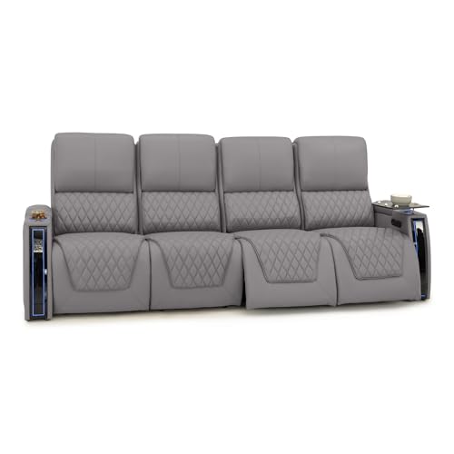Image of Seatcraft Apex Gray Italian Leather Home Theater Seating, Zero Gravity Power Recliner, Powered Headrest and Lumbar Gaming and Home Office Chair, Lounge Sofa Furniture for Cinema Room, Row of 4 Sofa
