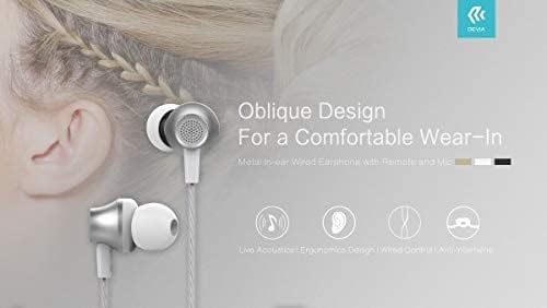 Close-up of Devia Metal In-ear Wired Earphones demonstrating the oblique design for comfortable wear, with the earphone positioned near an ear.
