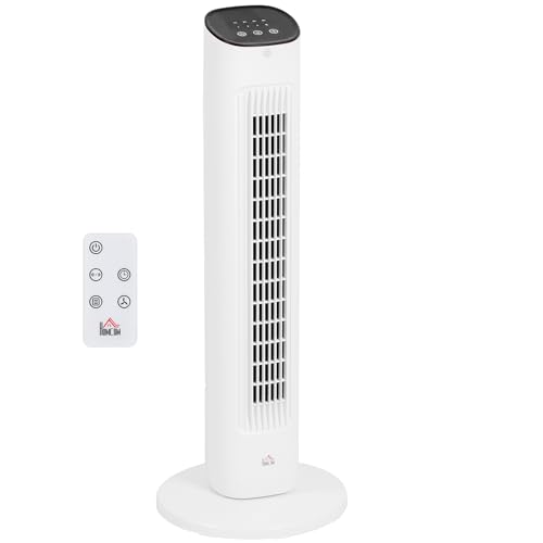 HOMCOM Ventilador de Torre 50W con Control Remoto Ventilador Silencioso con 3 Velocidades Temporizador 15h Oscilación 85° Pantalla LED 30x30x78 cm Blanco