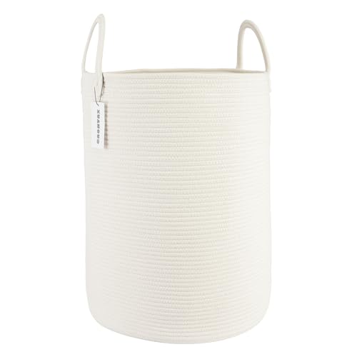 Image of XUANGUO Cotton Rope Laundry Basket Hamper for Clothes Woven Storage Basket for Living Room Bedroom Boho Tall Rope Baskets for Blanket Toys Pillow Towels Baby Nursery Hamper Bin Large white