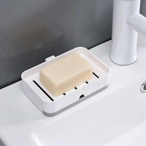 Image of Plastic Wall Mounted Double Layers Soap Dish Saver with Drain Tray, Adhesive Sponge Holder No-Drilling Soap Holder for Shower Bathroom Kitchen - Multicolour (White & Grey)
