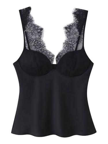 GORGLITTER Women's Satin Deep V Tank Tops Y2K Lace Trim Sleeveless