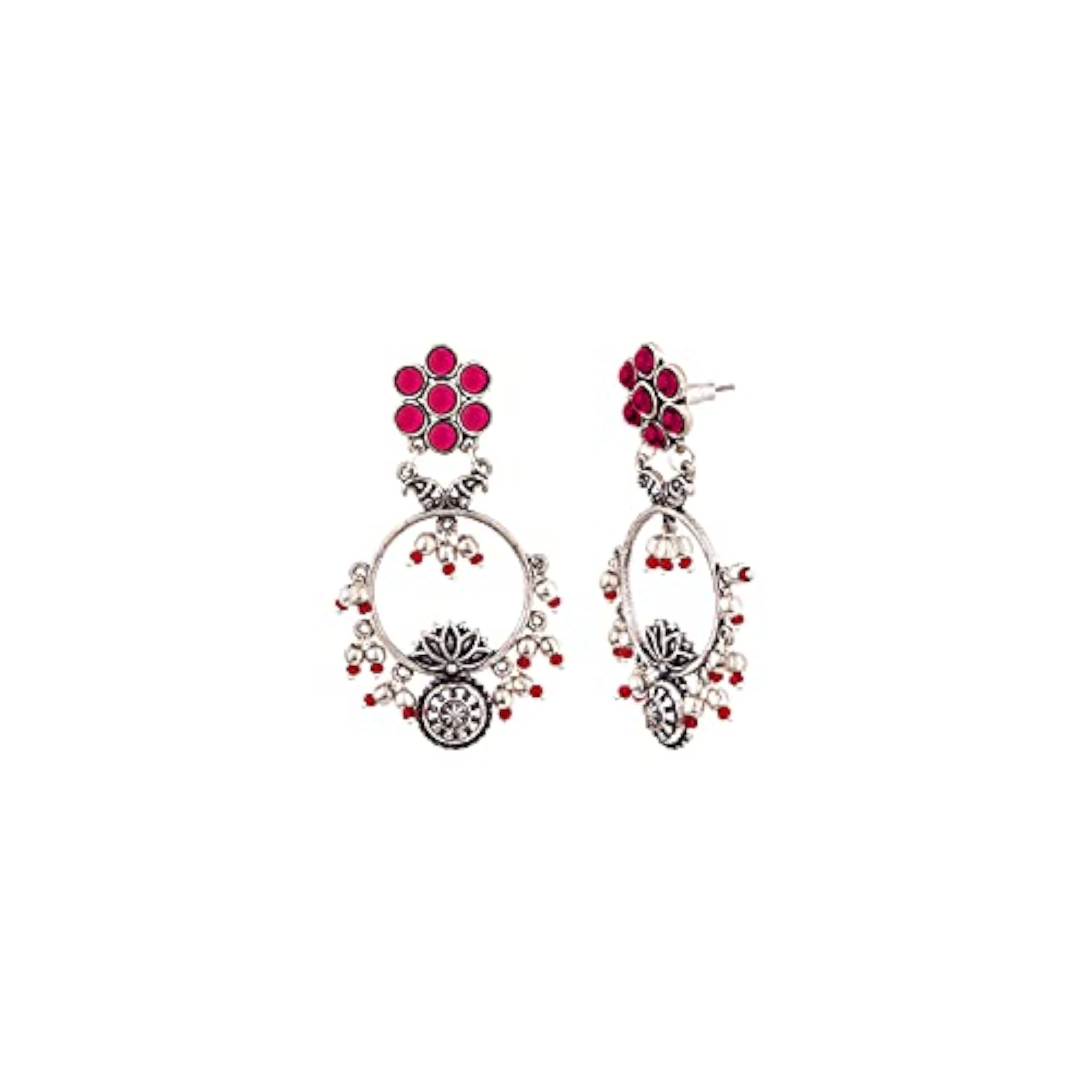 Oxidised Silver Floral Hoop Earrings with Pink Stone
