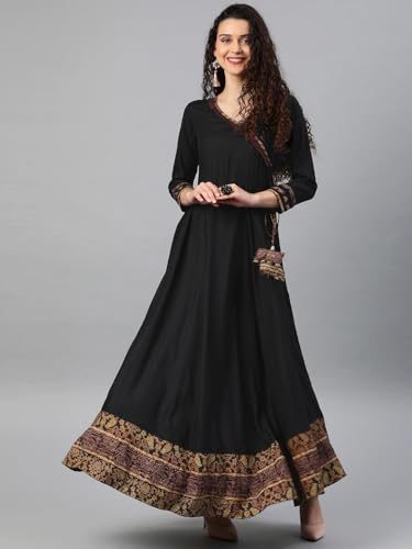 Yash Gallery Women's Rayon V-Neck 3/4 Sleeve Calf Length Long Indian Anarkali Kurta Dresses For Summer2