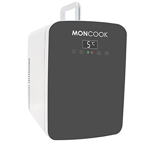 MONCOOK Mini Fridge For Bedrooms - Digital LED Display - Glass Door Mini Fridge For Skincare, Food & Drinks - Cooling & Warming Function - Perfect For Home, Office, Car Or Travel - 15L Grey