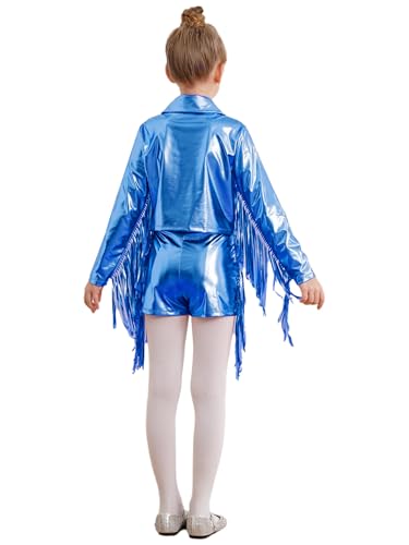easyforever Kids Girls Tassel Shiny Metallic Jacket Coat Long Sleeve Sweatshirt Crop Tops with Fringe Shorts Set2