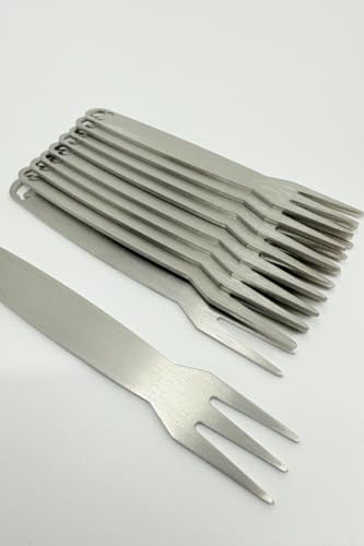 OXNFEIA Pommesgabel 10 Stück mit Holzbox Pommesgabeln aus rostfreiem Edelstahl ideal für Pommes Wurst oder Picknick - Pommes Gabeln wiederverwendbar nachhaltig & spülmaschinenfest