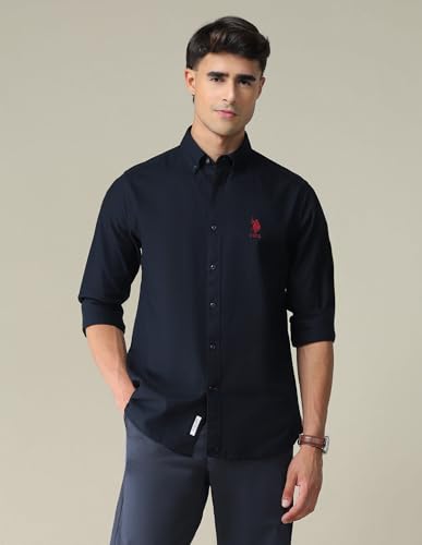Image of U.S. POLO ASSN. Solid Cotton Shirt for Men - Slim Fit, Spread Collar Mens Casual Shirts