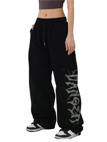 Verdusa Women's Wide Leg Pants Baggy Gothic Graphic Sweatpants Fall Clothes Long Pants Streetwear